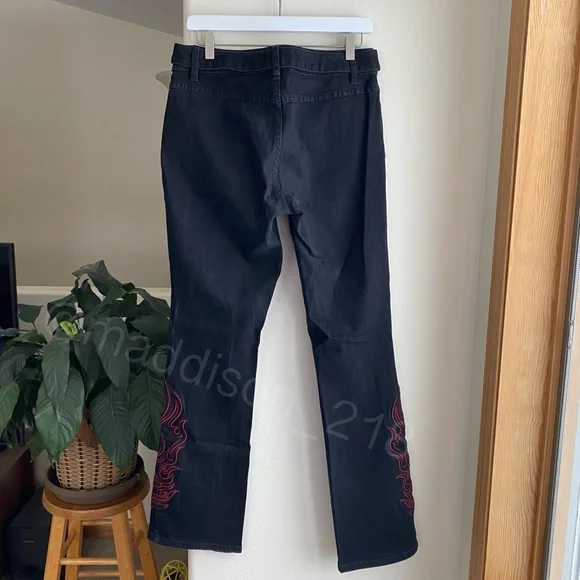 Harley Davidson Vintage Y2K Flame Embroidered Bootcut Flare Black Jeans 6 long - Picture 6 of 11